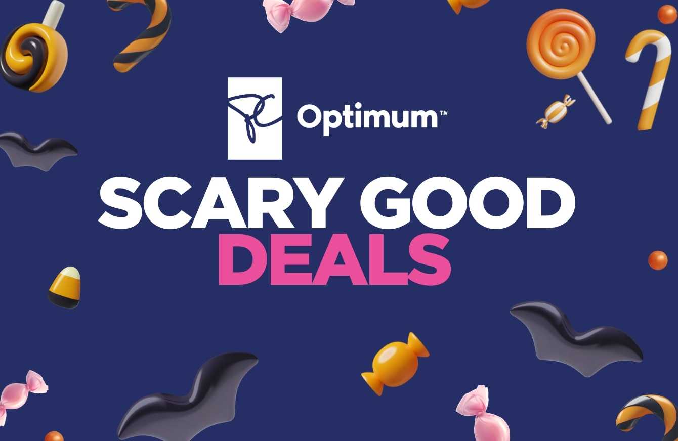 Candy bats and candy corn are scattered around "SCARY GOOD DEALS" under a white PC Optimum flag in bright purple text in all capital letters on a navy blue background.