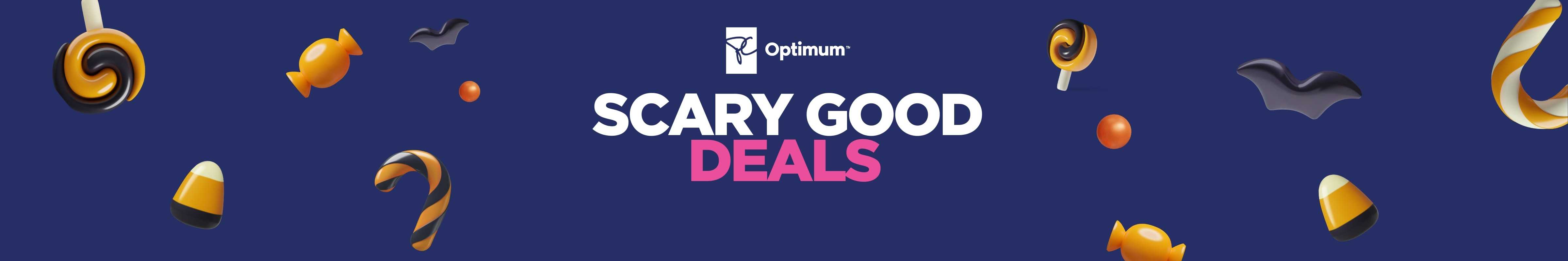 Candy bats and candy corn are scattered around "SCARY GOOD DEALS" under a white PC Optimum flag in bright purple text in all capital letters on a navy blue background.